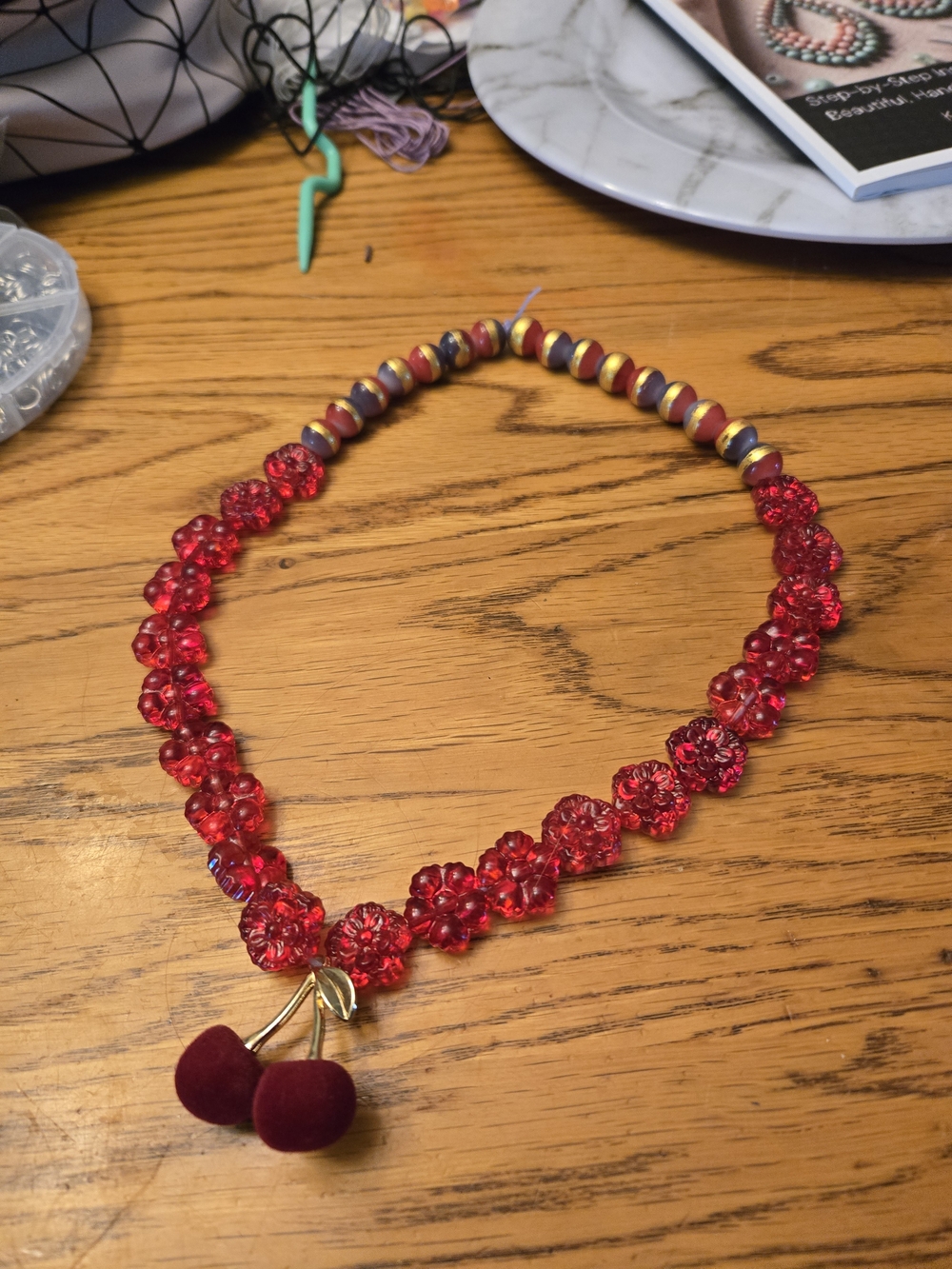Red Floral Crystal Necklace with Cherry Charm -